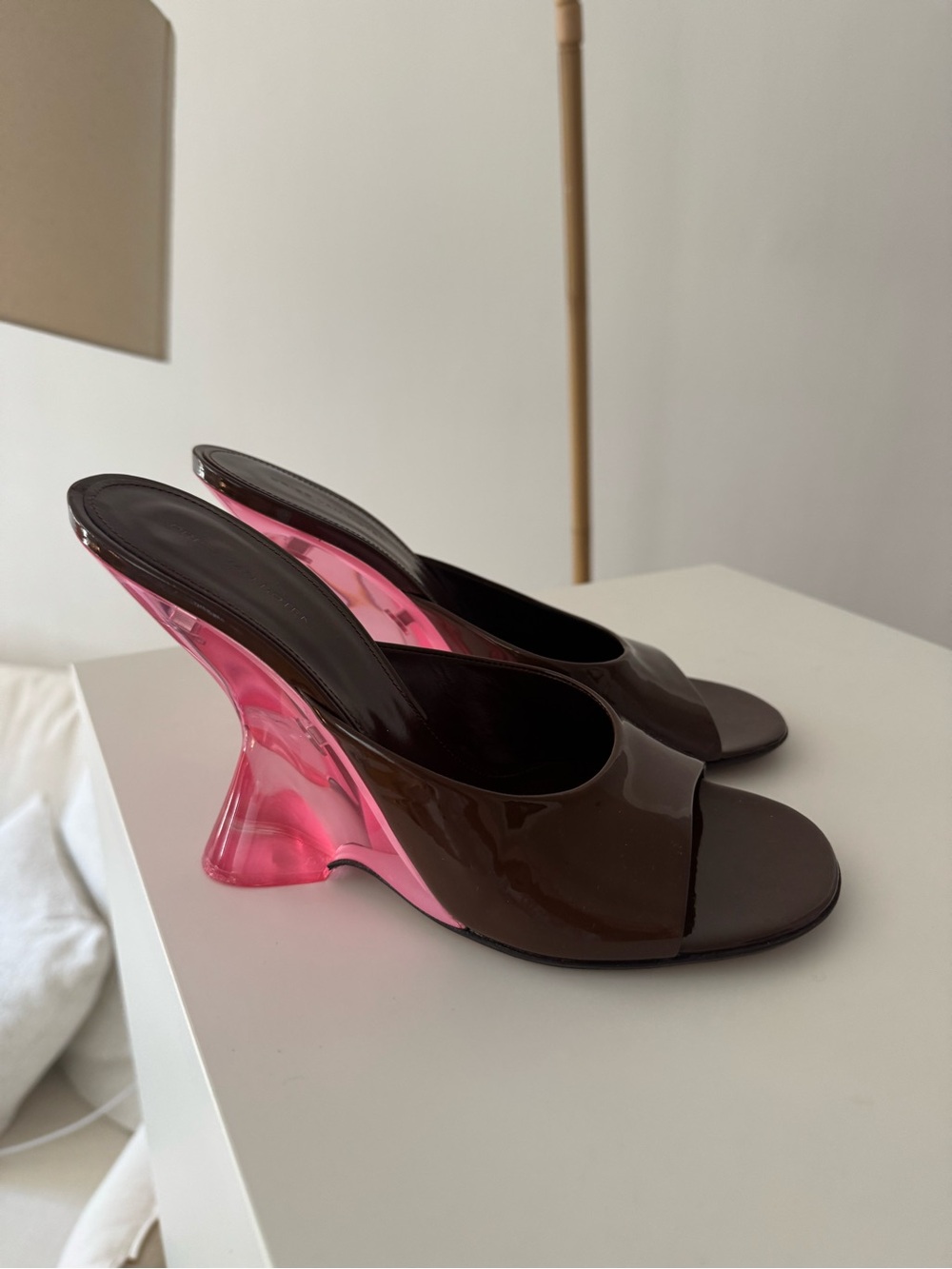 Dries Van Noten Brown Patent Slide Mules with Pink Lucite Heel